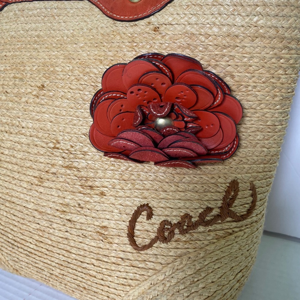 Coach Straw Leather Flower Tote Bag Beige Orange Summer Woven Beach Coastal Boho - Picture 4 of 15